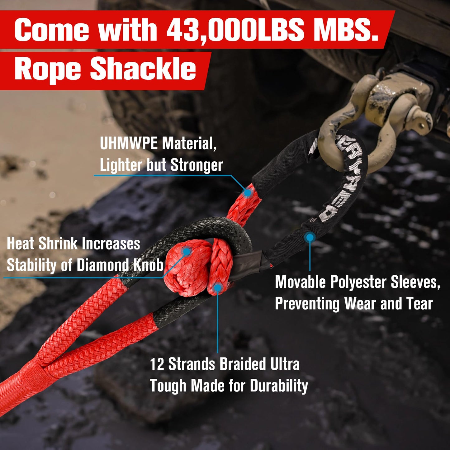 FieryRed Kinetic Recovery Rope Kit with 2 Soft Shackles, 1 Inch x 30 FT Tow Rope,Heavy Duty Offroad Snatch Strap for UTV, ATV, Truck, Car, Jeep, Tractor