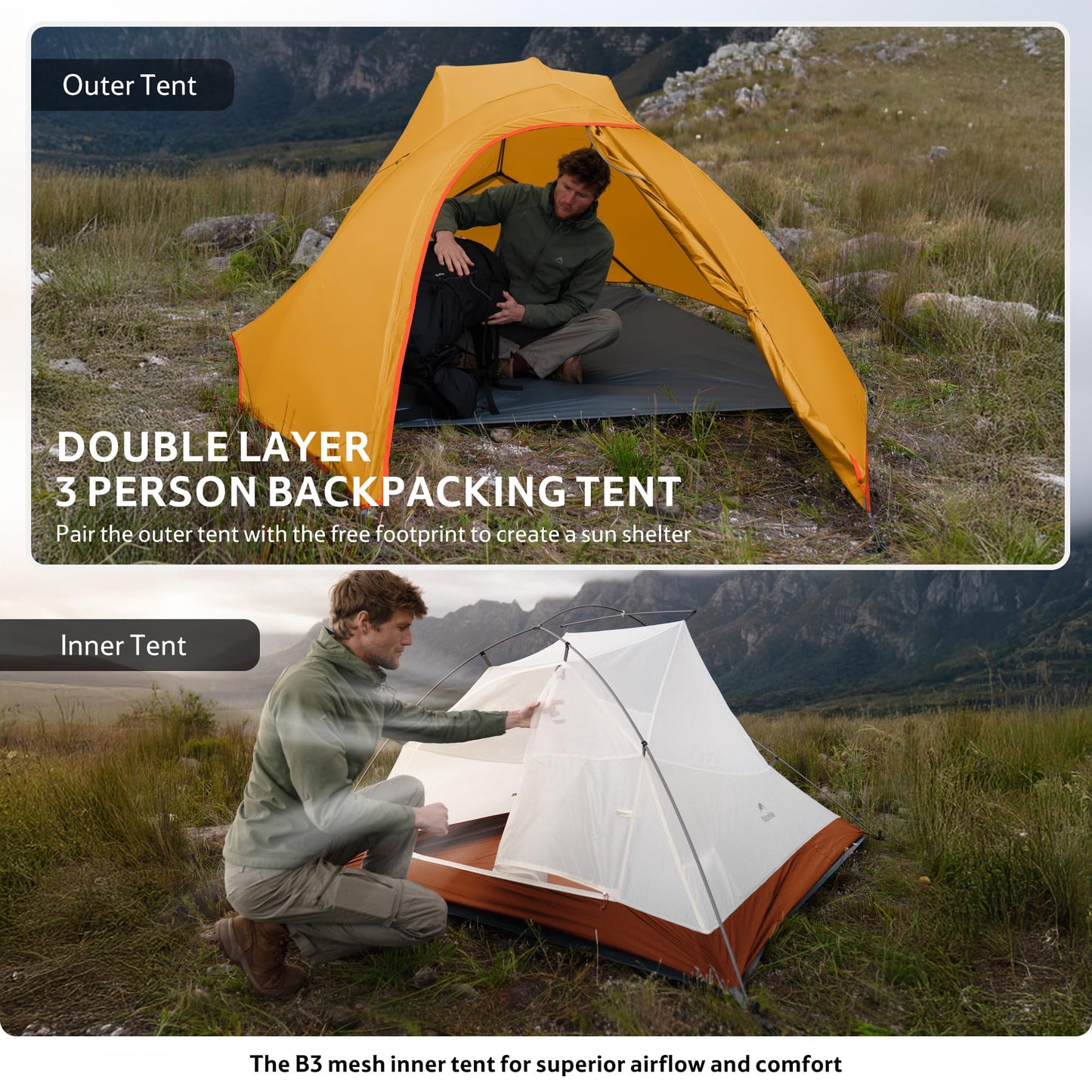 Naturehike Cloud Up 3 Person Backpacking Tent with Footprint - 3 Season Free Standing Lightweight 3 Person Camping Tent | with Footprint, Free Standing, Dome, Camping, Hiking, Waterproof