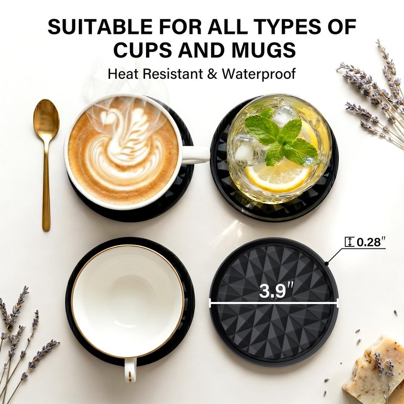 Wingcases Silicone Coasters for Drinks[6 Pack]- Cup Mat with Holder for Tabletop Protection-Non-Slip, Non-Stick, Coffee Table Decor, Great Gift for Any Occasion, Black
