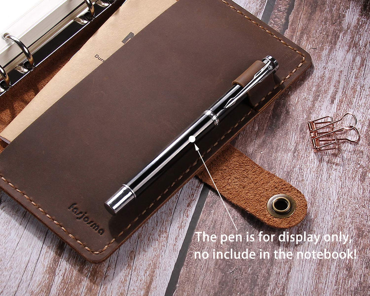 Leather Writing Journal Notebook Refillable, A6 Personal Size Traveler's Notebook with Pockets, 6 Ring Binder Planner Notebook with Pen Holder-BROWN