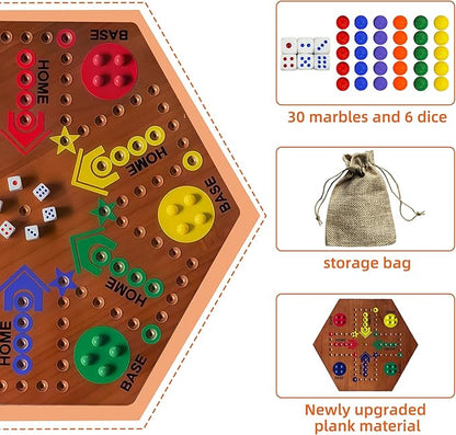 Wooden Board Game Board Game Original Marble Game Double Sided Painted 2 to 6 Player Fast Track Wooden with 6 Colors 24 Marbles 6 Dice for Adults Kids Family(15 INCH Flame)