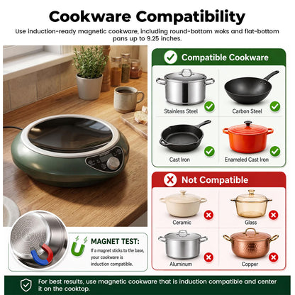 ABangDun 1700W Concave Induction Wok Cooktop,9.25-Inch Coi,Non-Pulse Continuous Heating, Professional Countertop Wok Burner Stove for Stir Fry Cooking