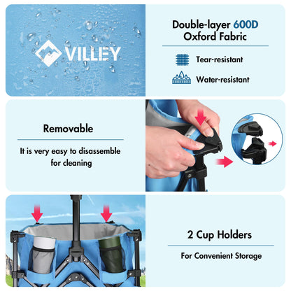 VILLEY Extended Collapsible Foldable Wagon with 330LBS Weight Capacity, 220L Heavy Duty Folding Utility Garden Cart with Big All-Terrain Beach Wheels with Brake & Drink Holders, Blue