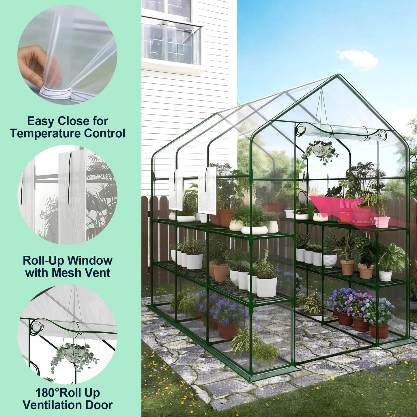 Walk-in Greenhouse 57"X85"X77" – Outdoor Garden Greenhouse with Thick UV-Resistant PE Cover, Mesh Door & Screen Windows, 3 Tiers 18 Shelves for Seedlings, Flowers, Vegetables, and Herbs