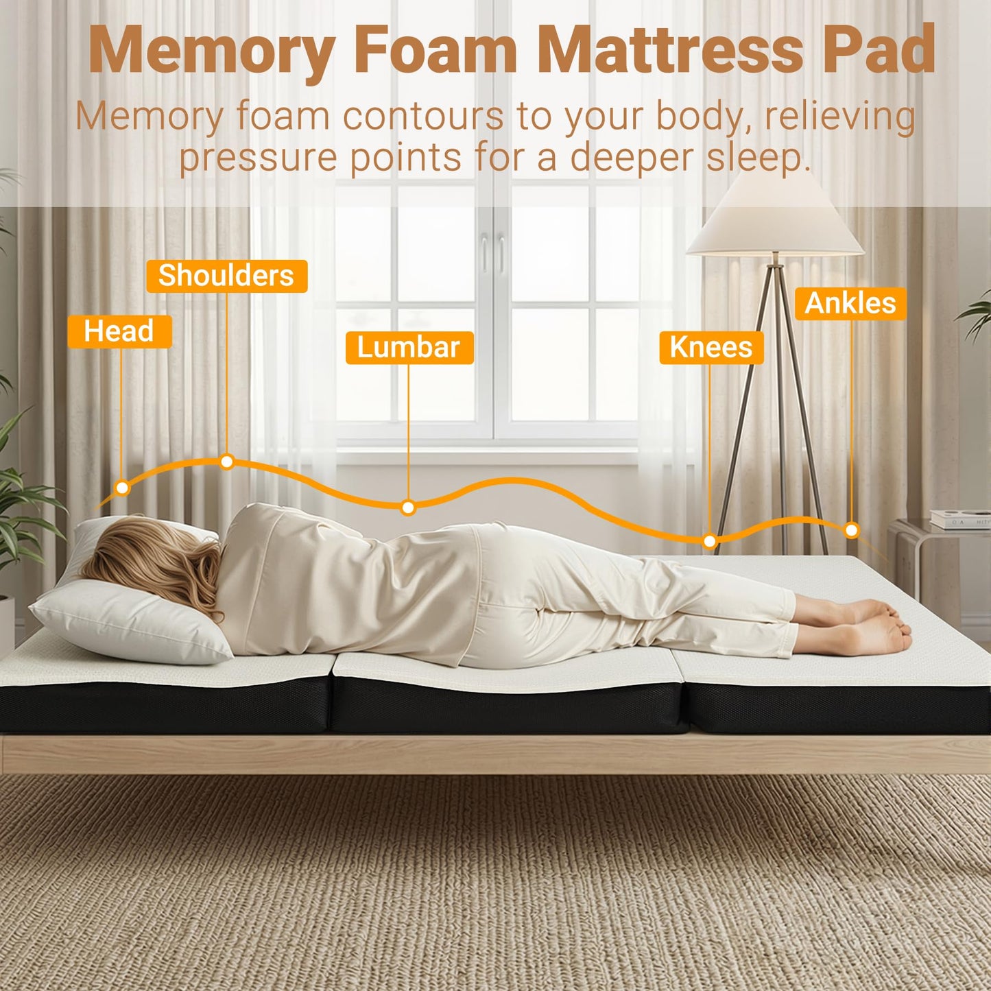 FurryWee Foldable Mattress Queen, Memory Foam Tri Fold Mattress with Removable Washable Cover, 4 inch Folding Floor Mattresses Sleeping Pad for Guest, RV, Travel, Camping, White, 78"x58"x4"