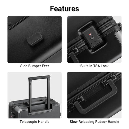 LEVEL8 Zipperless Checked Luggage with Aluminum Frame, Upgraded Medium Hardside Suitcase with Spinner Wheels, Metal Travel Luggage with Double Tsa Locks, 24 Inch, Black