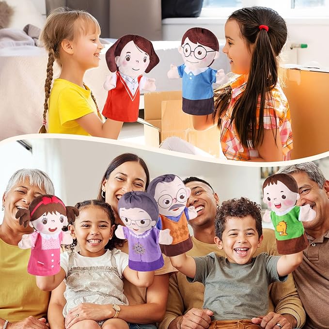 6 Pcs Family Hand Puppets 10 Inch Grandparents Mom &amp Dad Brother &amp Sister Plush Hand Puppet Toys Role-Play Toy Puppets for Kids Storytelling Imaginative Pretend Play Teaching Preschool(6 Fam