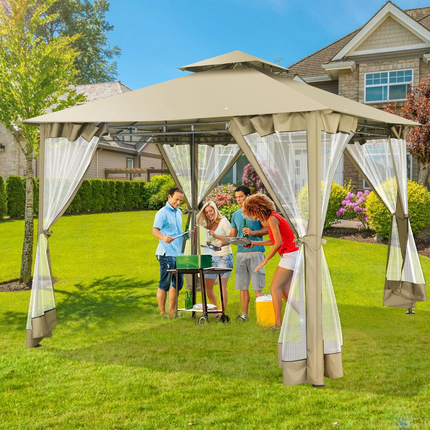 HOTEEL 10’x10’ Gazebo on Clearance, Waterproof Outdoor Gazebo with Mosquito Netting, Double Roof and Heavy Duty Durable Frame, All Weather Easy Assembly for Patio, Backyard, Garden, Windproof
