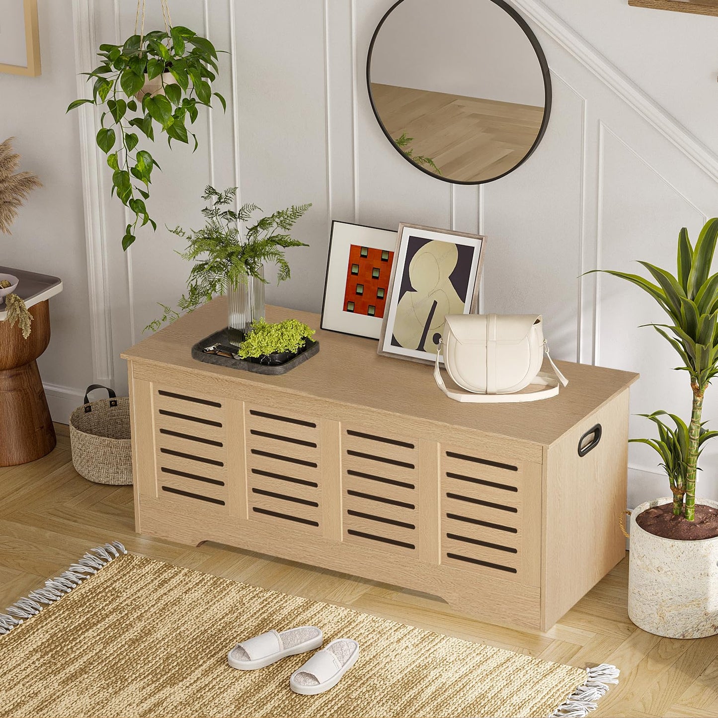DINZI LVJ Storage Chest, 47.3”Wooden Storage Box with 2 Safety Hinges, Entryway Shoe Bench with Flip-Top, Farmhouse Style Trunk for Living Room, Bedroom, Play Room, Easy Assembly, Natural