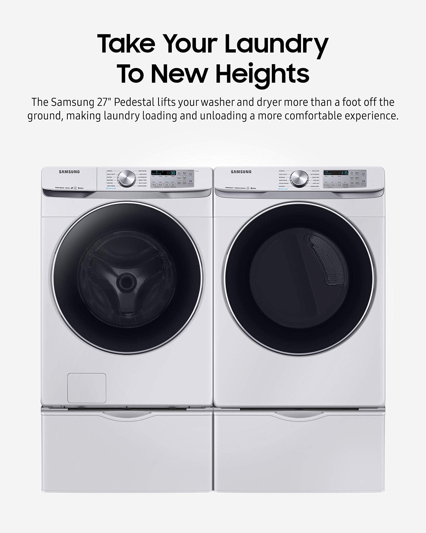 SAMSUNG 27-Inch Washer Dryer Pedestal Stand w/Pull Out Laundry Storage Drawer, Stainless Steel, WE402NW/A3, White & Shark AI Ultra Voice Control Robot Vacuum with Matrix Clean Navigation