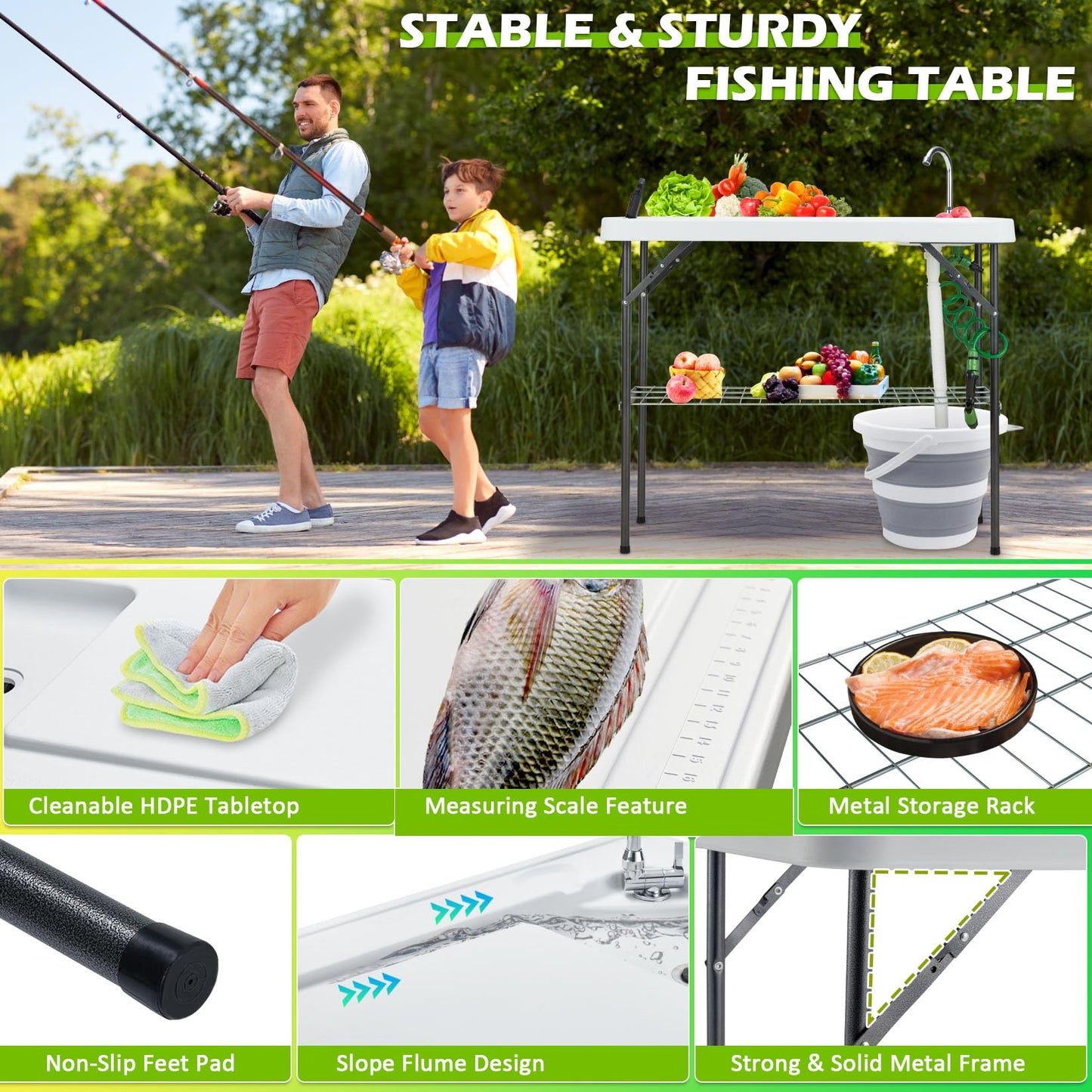 Avocahom Folding Fish Cleaning Table with Collapsible Bucket, Portable Outdoor Fillet Station Camping Sink Table with Faucet, Drainage Hose & Sprayer, Grid Rack, Knife Groove for Picnic Fishing