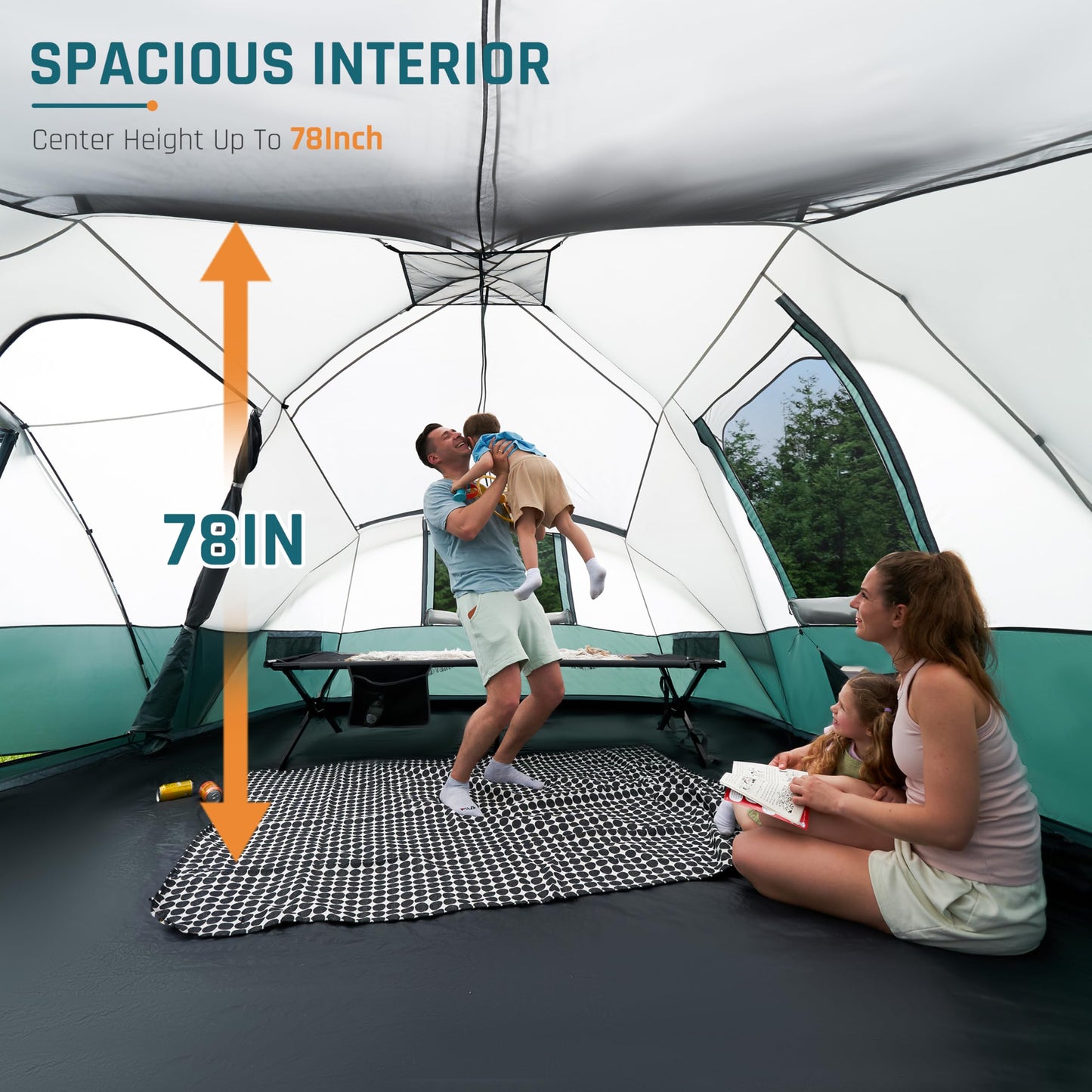 8 Person Camping Tent with Porch, Large Family Tents for Camping, PU1000MM Waterproof Tent with 5 Mesh Windows, Removable Rainfly, Reflective Windproof Rope, Big Dome Tent Fits 3 Queen Airbeds