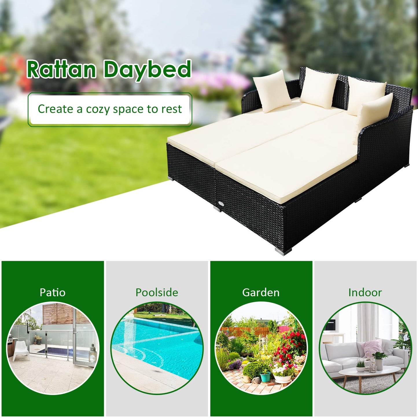 COSTWAY Outdoor Patio Rattan Daybed, Sponge Cushioned Loveseat Sofa with 4 Pillows, Wicker Furniture Sunbed for Balcony, Courtyard (Beige)