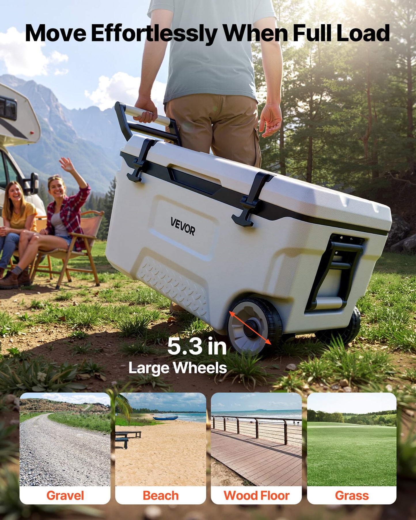 VEVOR Hard Cooler, 52QT Portable Rolling Cooler with Wheels, Leak-Resistant Coolbox Keeps Contents Cool for 48 Hours, Ice Retention Insulated Chests, Ultra-Light for Outdoor Picnics, Grill, Camping