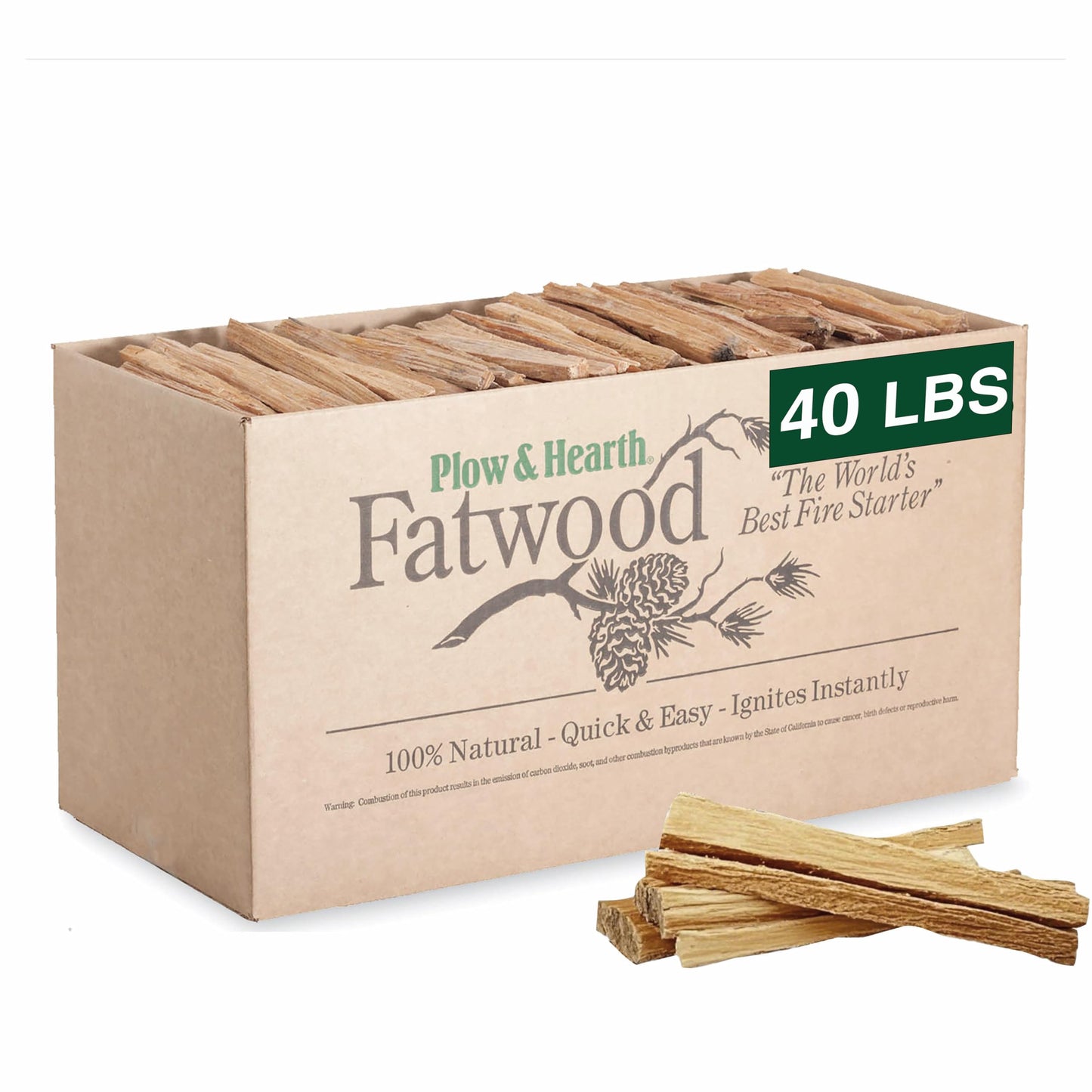 Plow & Hearth 40 LB Fatwood Fire Starter, Organic Kindling Sticks, Non Toxic All Natural Firestarters for Wood Stoves Fireplaces Campfires Fire Pits, Easy Ignition Fat Wood