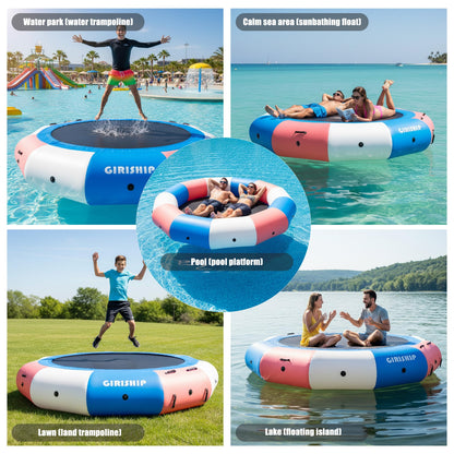 GIRISHIP Inflatable Water Trampoline for Lake, Floating Lake Trampoline for Adults, 8/10/12/15FT Heavy Duty Water Swim Platform for Lake Ocean with Ladder & Ropes (No Pump)