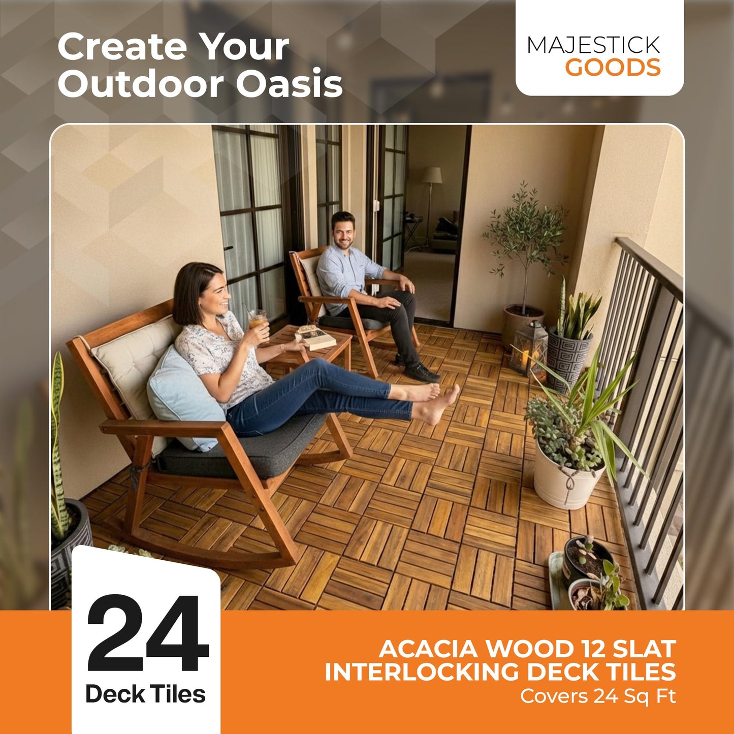 Majestick Goods Interlocking Slat Deck Tiles, Acacia Wood Interlocking Deck Tiles - Easy Installation for Patio Flooring & Walkways with Raised Base Drainage, 12 x 12 x 0.9 Inch (24 Count)