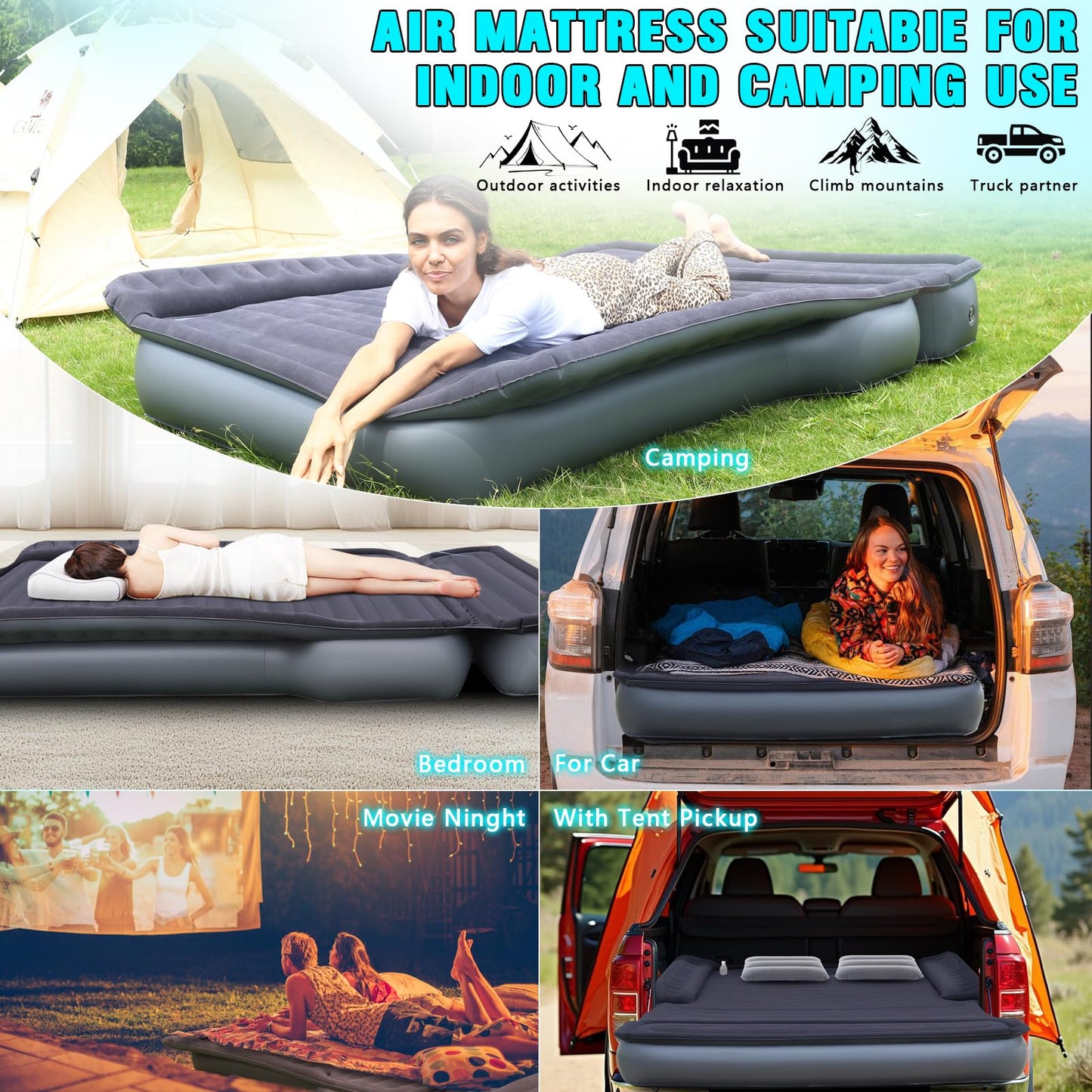 JESTMOTOR Camping Pickup Truck Bed Air Mattress, 5.5-6.5FT Full Size Thickened Self Inflating Outdoor Truck Bed Mattress, with Built-in USB Rechargeable Pump and 2 Pillows (84"x57"x10")