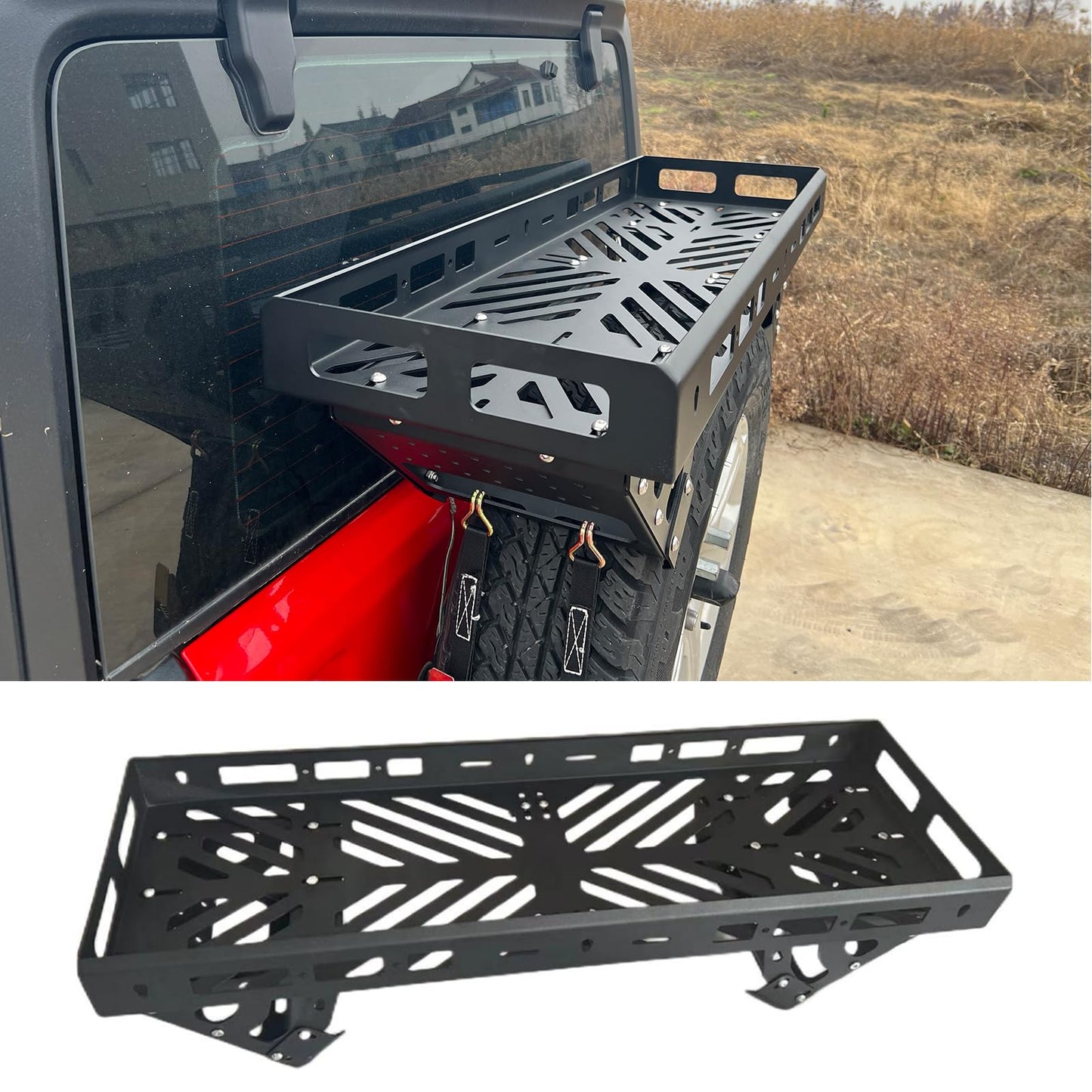 Aluminum Spare Tire Mount Cargo Basket Storage Compatible with 32" - 40" Tires on a Variety of Off-Road Vehicles,Fit for Jeep Wrangler JK JL TJ YJ CJ, Ford Bronco, SUV Accessories