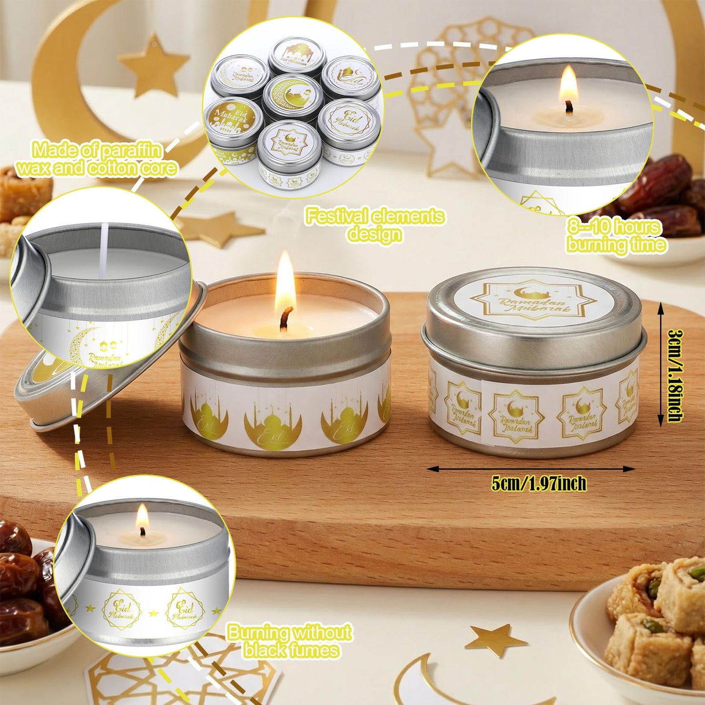 MTLEE 20 Pcs Ramadan Mubarak Scented Candles Bulk, 1 oz Eid Wax Candles, Muslim Islam Meditation Decor, Islamic Ramadan Gifts for Family Home Eid Celebration Party Favor, Assorted Scents(White Gold)