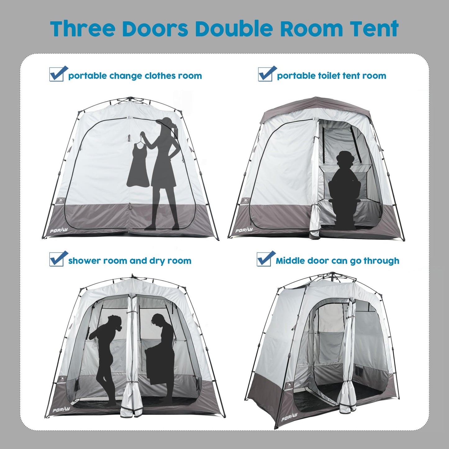 Porayhut Portable Camping Shower Tent Deluxe Changing Room Easy Set Up Privacy Shelter,Large Toilet Tent 2 Rooms with Floor Drain Design for Beach, Camping,Hiking with Stakes and Ropes for Stability