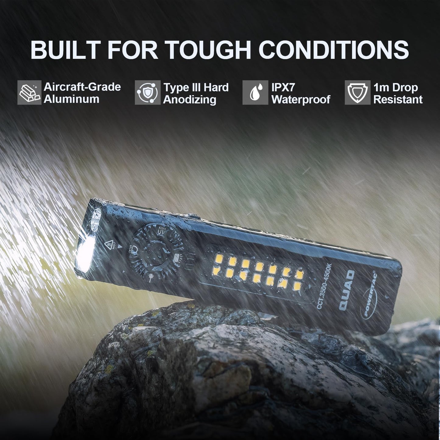 PowerTac Quad 2000 Lumen Flashlight, 4-in-1 Flat Design | USB-C Rechargeable, Multi-Light EDC Light