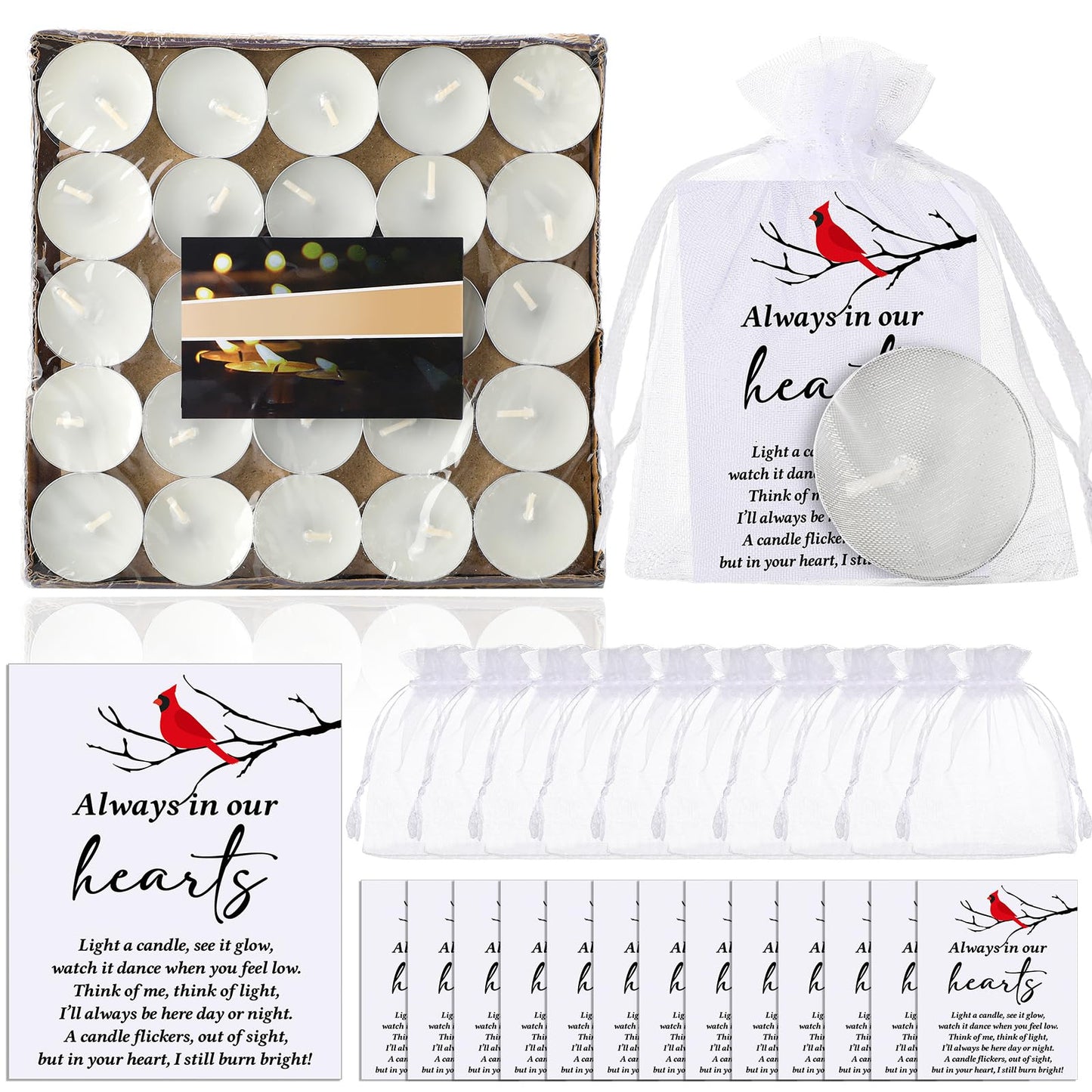 Coume 50 Set Funeral Party Favors Memorial White Candles Unscented Funeral Gifts Tealight Candles with Condolence Bereavement Cards, Organza Bags for Guest Celebration of Life Decorations (Cardinal)