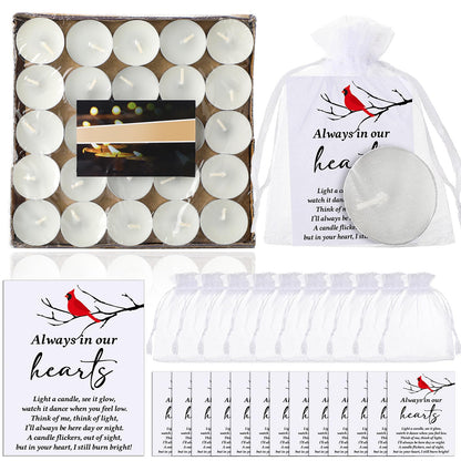 Coume 50 Set Funeral Party Favors Memorial White Candles Unscented Funeral Gifts Tealight Candles with Condolence Bereavement Cards, Organza Bags for Guest Celebration of Life Decorations (Cardinal)