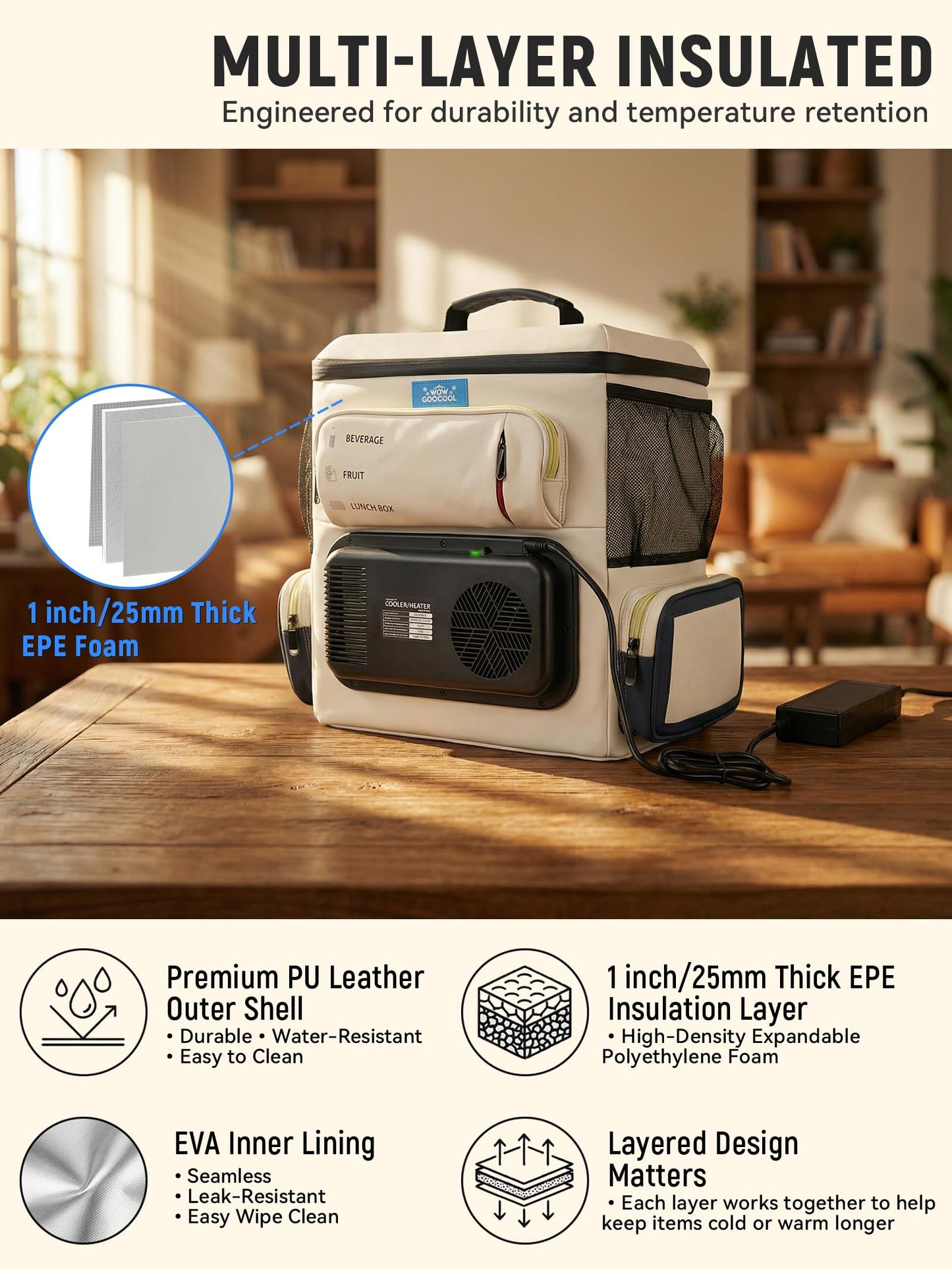 Portable Electric Cooler Bag 16Qt, 32°F Cooling & 140°F Warming, 12V Car Plug in Refrigerator Cooler with 110V AC Adapter for Camping, Travel & Road Trips
