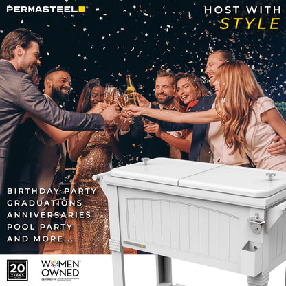 Permasteel Party Cooler with Divider, Spacious 80-Qt Capacity, Chills 36hrs, Serving Tray, Rolling Ice Chest for Indoor and Outdoor Entertainment, Matte White