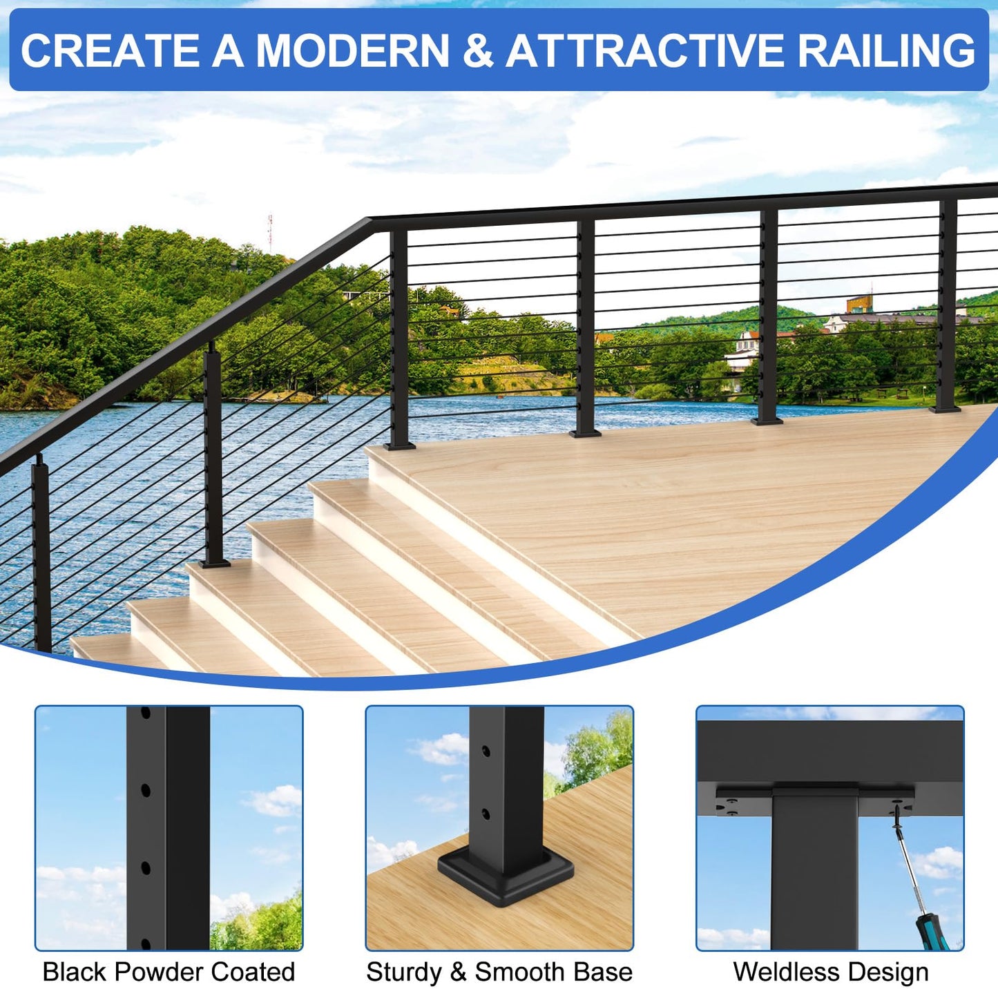 PLANTOP 12-20FT Complete Set 36" Cable Railing Post Kit(35"x2"x2"), 4pcs Stainless Steel Black Flat Top Surface Mount Level Posts,1/8" Wire Rope(No Handrail),Swageless Cable Railing System Kit,MY07-LP