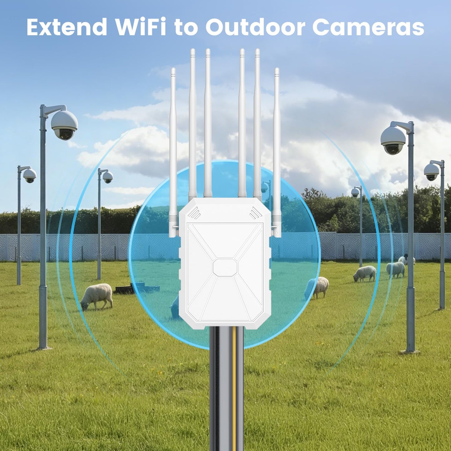 AC1200 Outdoor WiFi Extender, Long Range Outdoor WiFi Extender Signal Booster WiFi Access Point with 6 Antennas, IP67 Weatherproof,W/PoE, for Starlink, Camping,Cameras