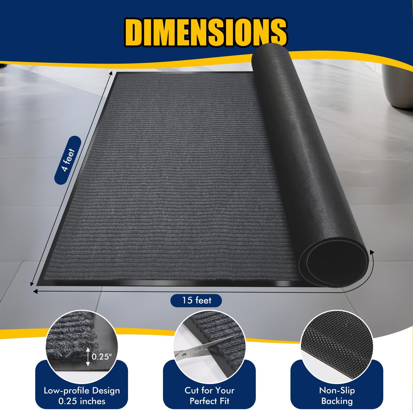 Extra Large Indoor/Outdoor Entrance Mat - 4 x 15 Feet, Rubber Border Door Mat Heavy Duty, Waterproof, Low-Profile, Easy to Clean, Rubber Entry Mat, Commercial Floor Mat, Charcoal Grey