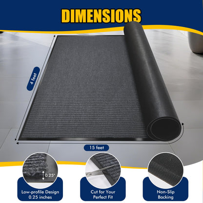 Extra Large Indoor/Outdoor Entrance Mat - 4 x 15 Feet, Rubber Border Door Mat Heavy Duty, Waterproof, Low-Profile, Easy to Clean, Rubber Entry Mat, Commercial Floor Mat, Charcoal Grey