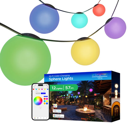 Enbrighten Vibe Sphere Outdoor String Lights, 57ft, 12 RGBWIC Bulbs, 6in Extra Large Spheres, Waterproof, Patio, Backyard, Gameday, Holiday, Smart App, Compatible with Alexa, Google Home, 85976