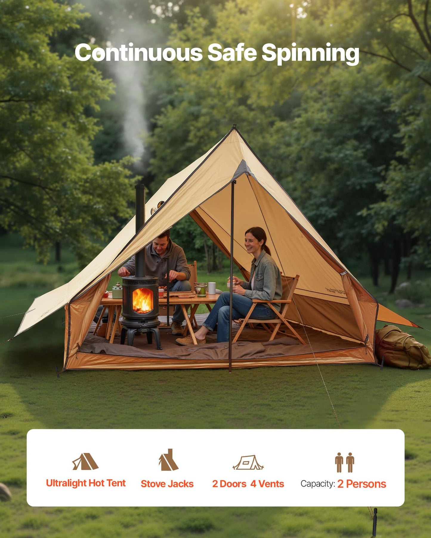 VEVOR Camping Hot Tent, 2 Persons Cabin Tent with Stove Jack & Poles, Waterproof Winter Tents Shelters with Fireproof Ground Mat, Portable 4 Season Tents for Hiking Fishing Hunting Backpacking