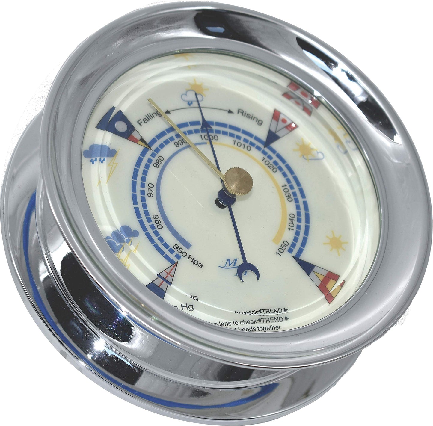 MASTER-MARINER American Voyager Collection, Nautical Windlass Gift Set, 5.85” Diameter Clock and Barometer Instruments, Chrome Finish, Ivory Signal Flag dial