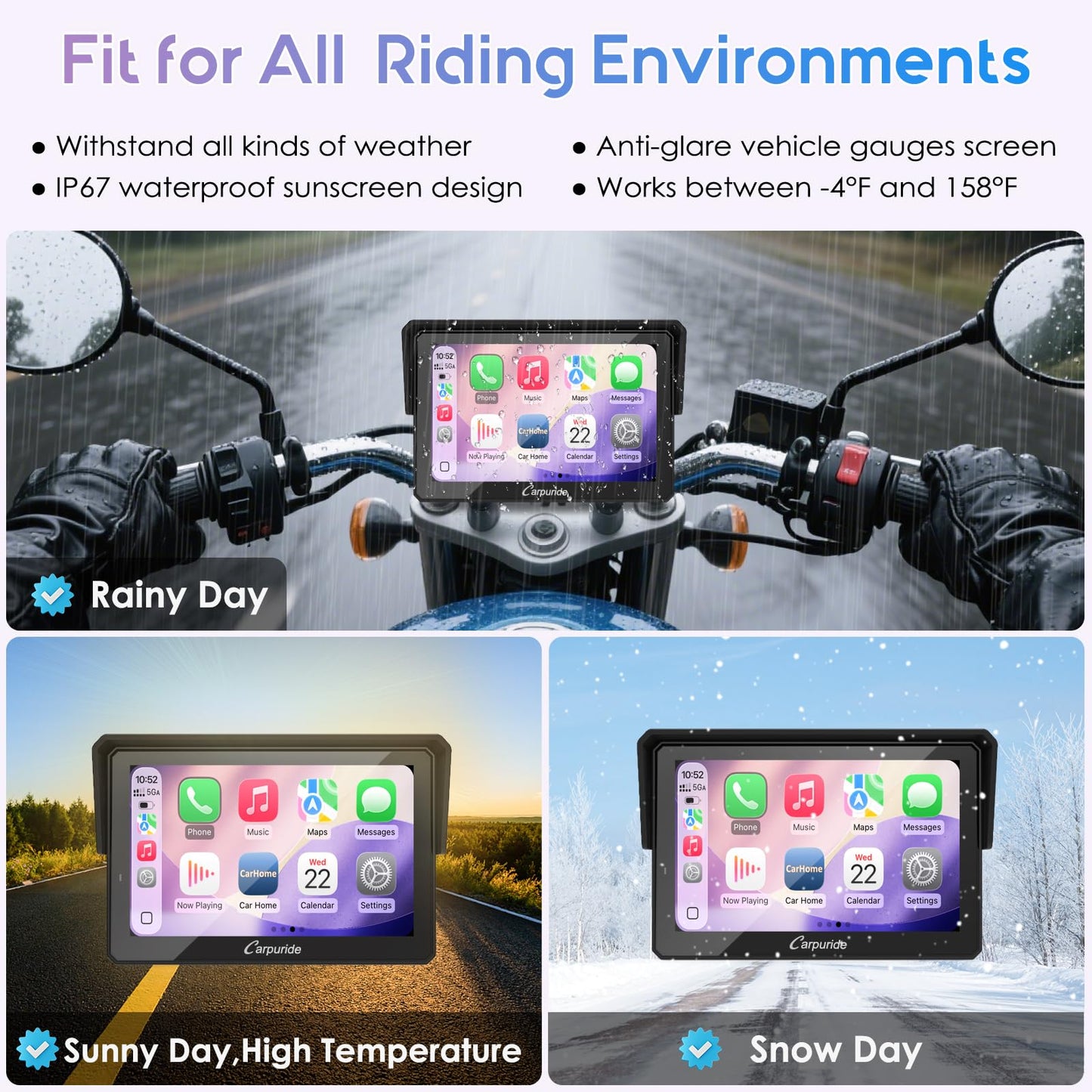 Carpuride W502TPRO for Motorcycle CarPlay& Android Auto& TPMS& Dual Bluetooth - 5" Waterproof GPS Navigation Screen for Motorbike, Music Sharing, Intercom, EQ, Light Sensor, Compass, Barometer