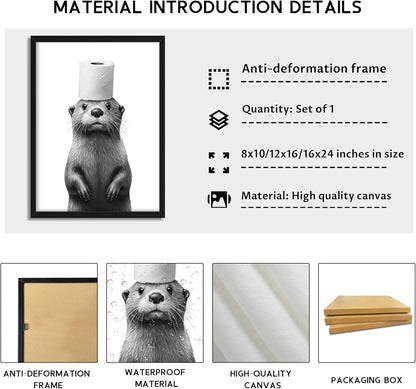 Skiennix Funny Bathroom Wall Art - Cute Otter Holding Toilet Paper | Black & White Canvas Print 8x10 Inch