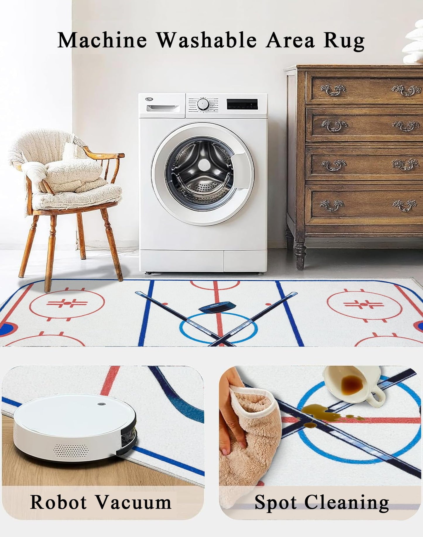 Hockey Rug 9x12 Washable Low Pile Non Slip Sports Rug for Boys Bedroom Decor, Hockey Room Area Rug Man Cave Carpet Mat