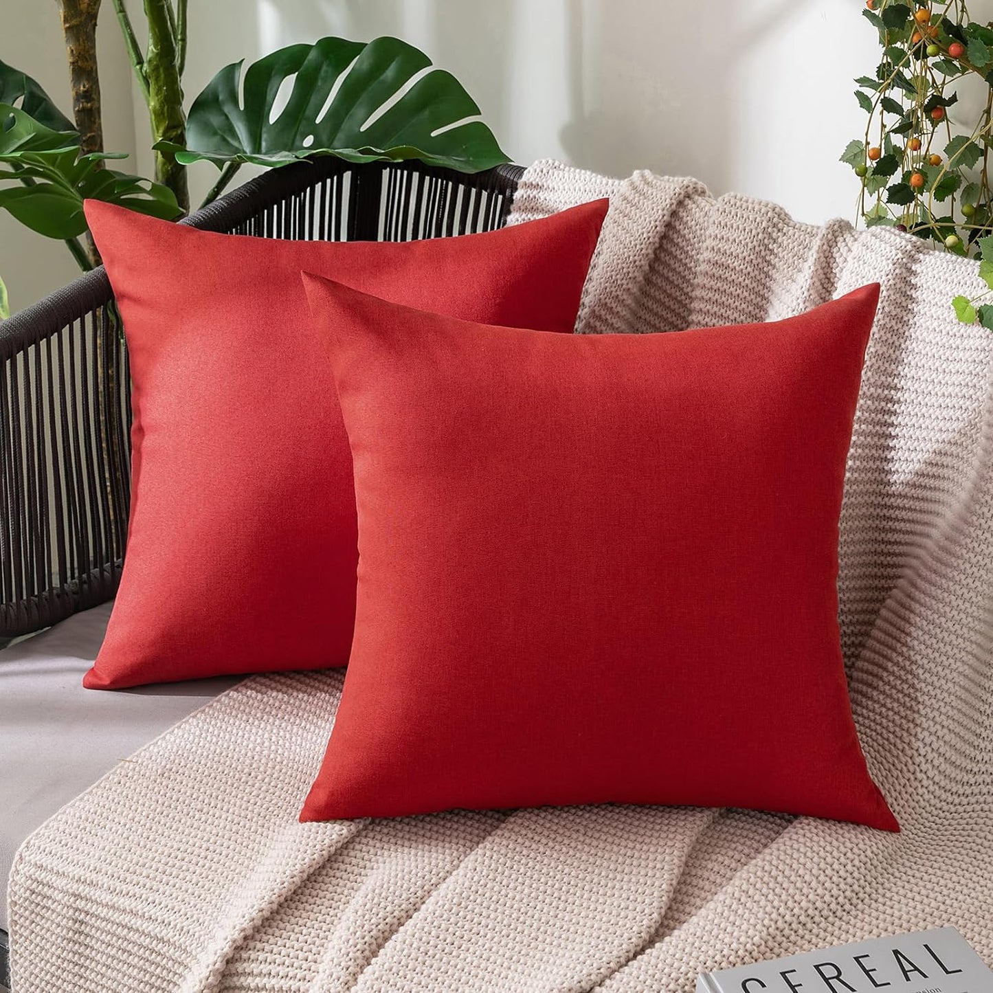 MIULEE Decorative Outdoor Throw Pillow Covers - Waterproof Faux Linen Cushion Cases | 24x24 Inch Red (Pack of 2)
