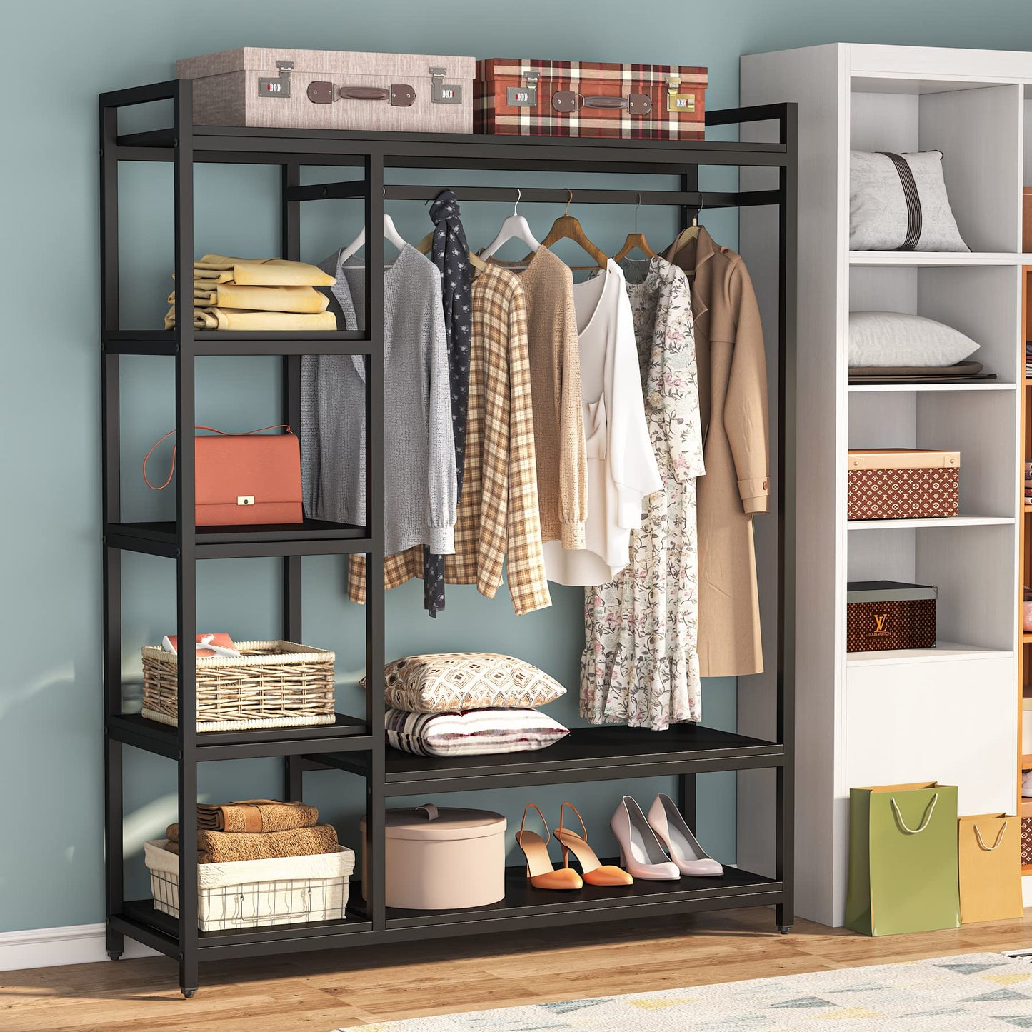 LITTLE TREE Free Standing Wood Closet Clothes Rack,Heavy Duty Grament Rack with Shelves,Hanging Racks for Clothes Clothing Rack for Bedrom,Wardrobe Closet Organizer,350 lb Capacity,Black