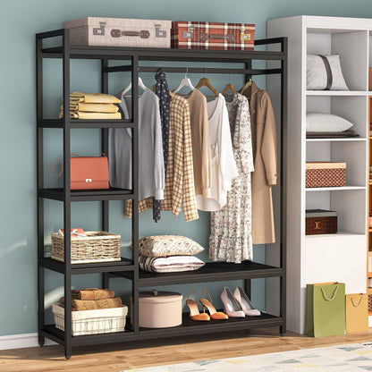 LITTLE TREE Free Standing Wood Closet Clothes Rack,Heavy Duty Grament Rack with Shelves,Hanging Racks for Clothes Clothing Rack for Bedrom,Wardrobe Closet Organizer,350 lb Capacity,Black