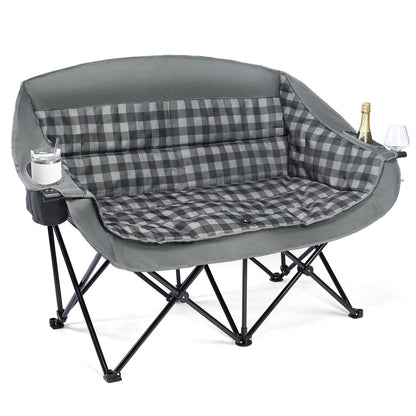 Double Camping Chairs Padded Loveseat Chair for 2 Person - Heavy Duty Oversized Camping Couch for Adults Outdoor Lawn Beach Portable Folding Sofa with Cup Holders Support 600lbs, Grey