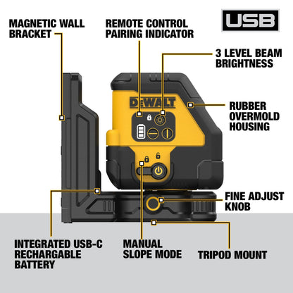 DEWALT USB Rechargeable Red Cross Line Laser Base Kit (DCLE14201RB)