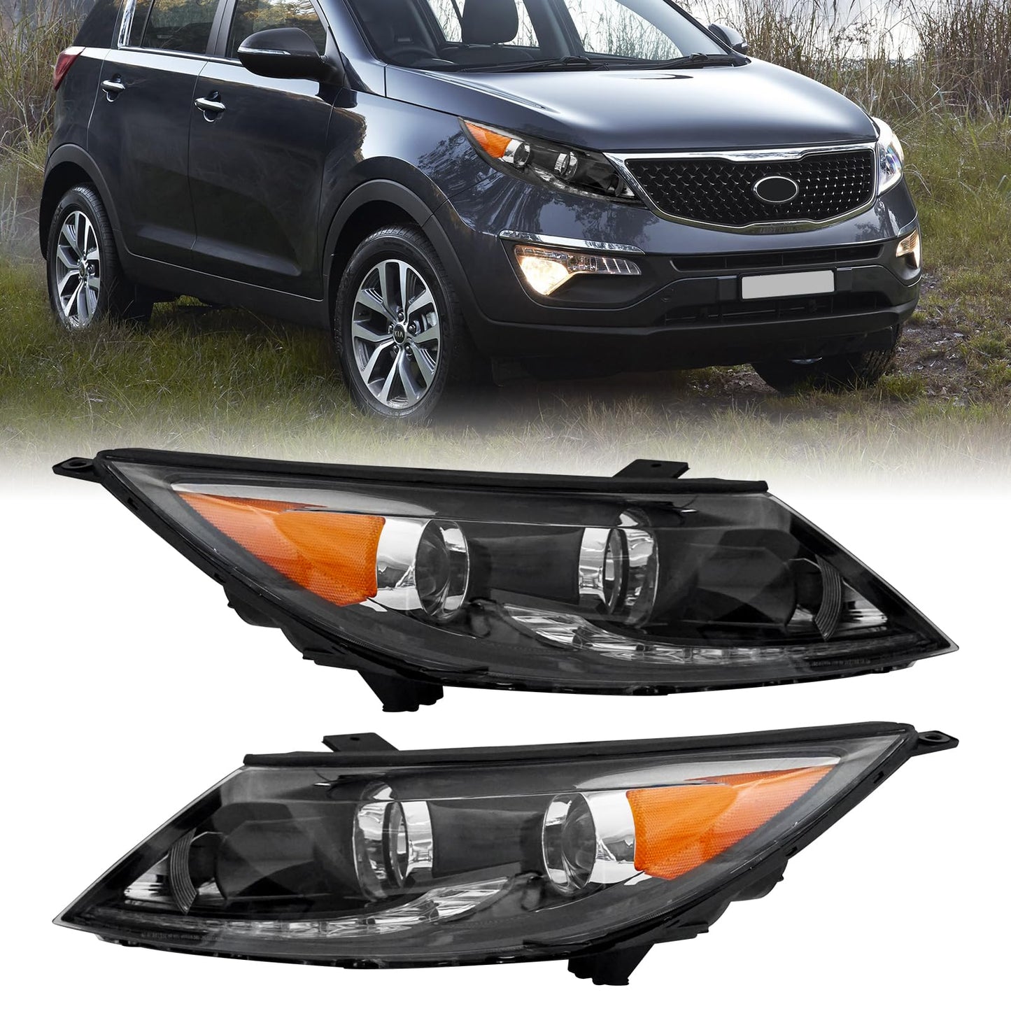 YOOCOO Headlight Assembly Compatible with 2013 2014 2015 2016 KIA Sportage Halogen Headlamp with LED DRL Transparent Lens Replacement Driver and Passenger Side
