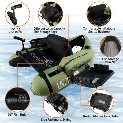 Xproutdoor Fishing Float Tubes, Inflatable Float Tube, Belly Boat Fishing with Adjustable Straps, Storage Pockets, Fish Ruler, Pump, Oar, Rod Holder and Mount, Fins, 350LBS Load Bearing Capacity