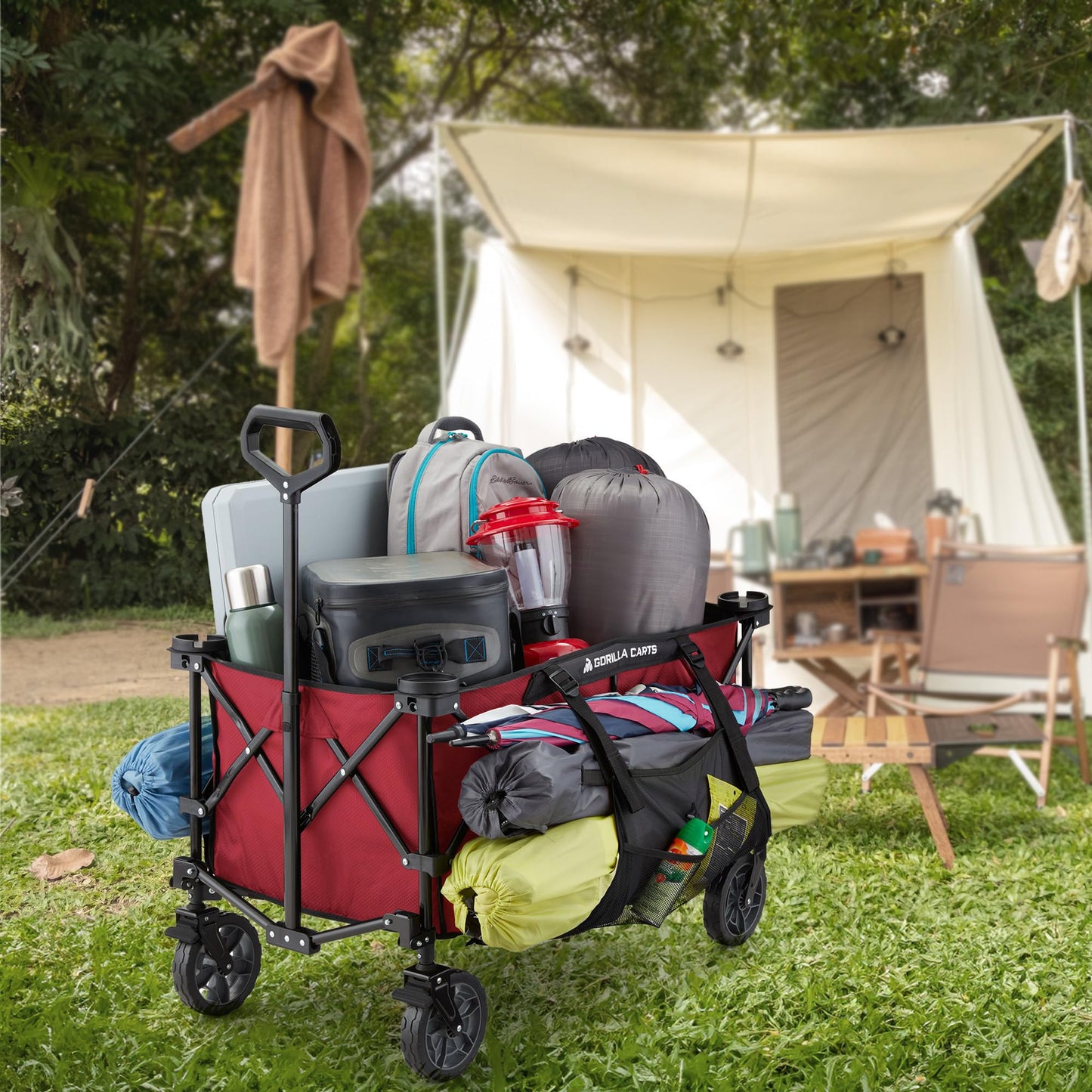 Gorilla Carts Collapsible Folding Outdoor Utility Wagon, 7 Cu Ft Oversized Bed, 150 lb Load Rating, Red – Foldable Rolling Cart w/ Pockets & Cup Holders for Beach, Camping, Sports or Picnic