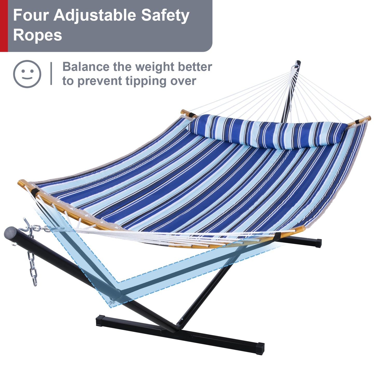 Mansion Home 12 Ft Hammock with Stand for Outside, 2 Person Hammock Freestanding with Curved Spreader Bars, Pillow and Portable Bag, Heavy Duty 450 Lbs, Blue Stripes