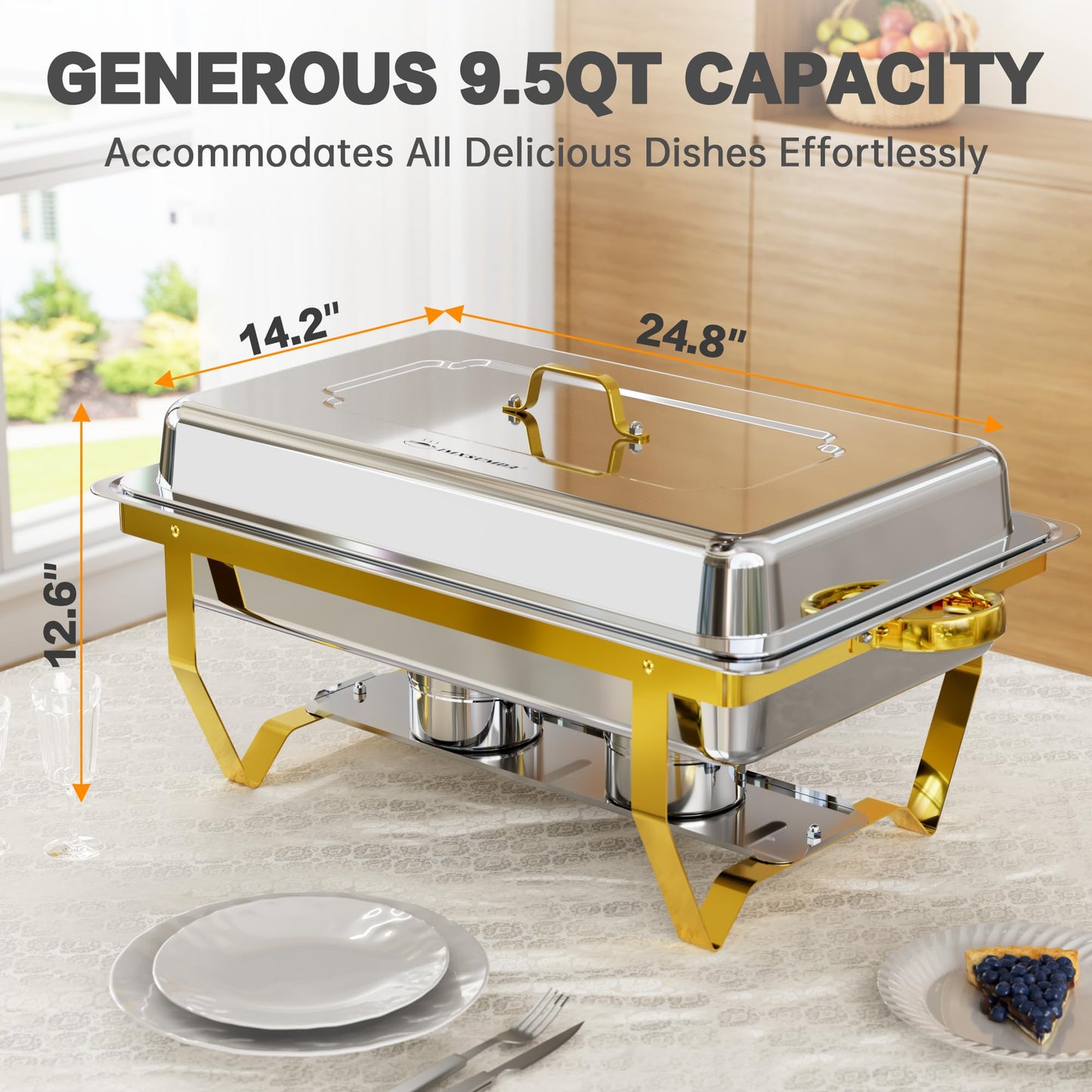 IMXSUMDA 6 Pack Chafing Dish Buffet Complete Set, 9.5QT Large Rolled Edge Stainless Steel Food Warmer with Foldable Frame, Water Pan & Fuel Holder, Elegant Gold & Silver for Party, Wedding, Catering